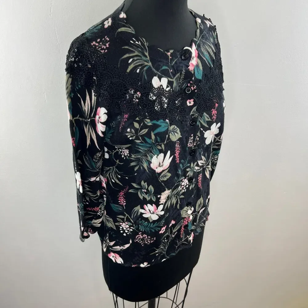 KATE SPADE Botanical Pima Cotton 3/4 Sleeve Lace Accent Knit Cardigan Size S